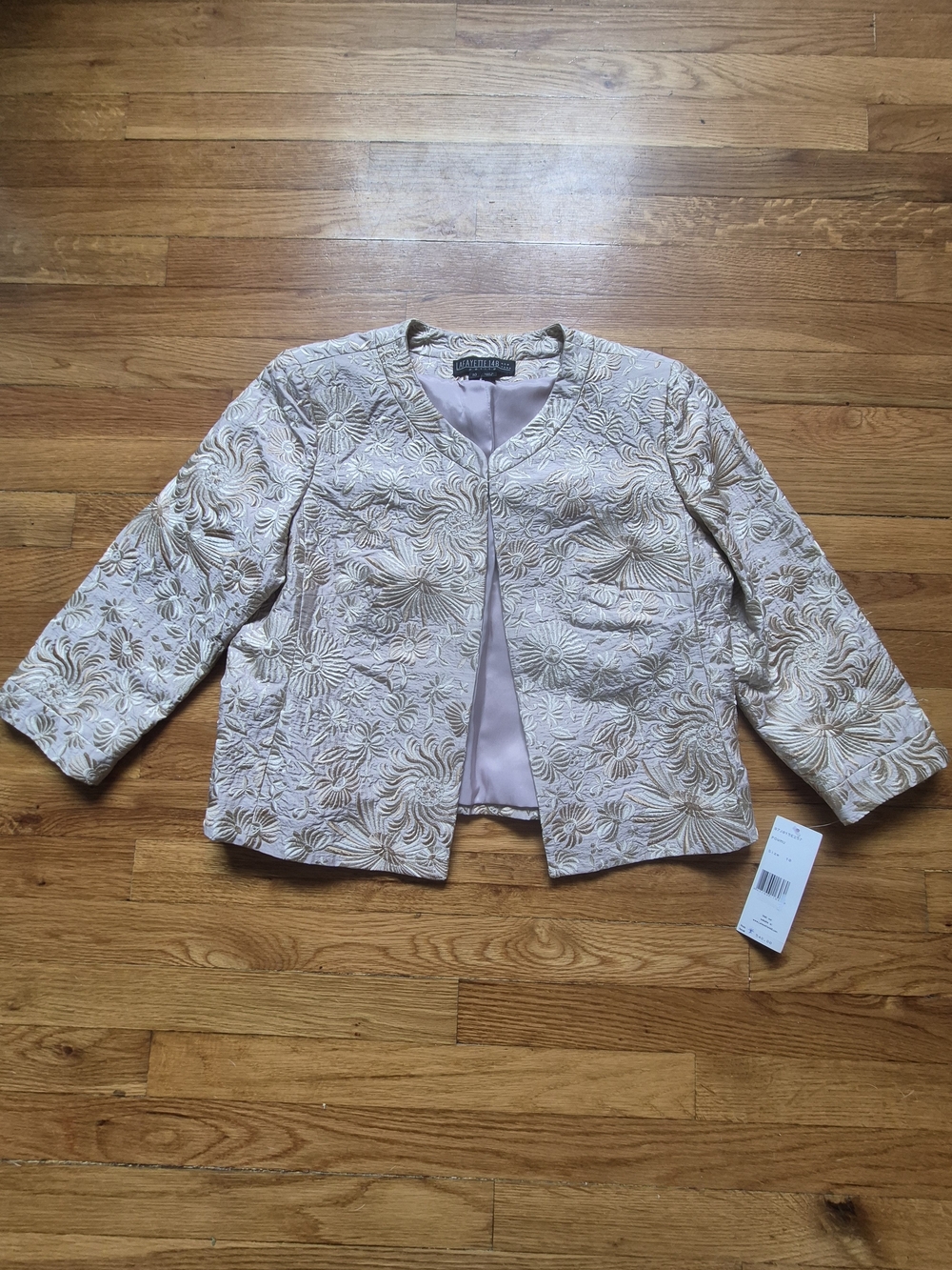 Lafayette 148 New York Cream and Gold Embroidered Open-Front Jacket Size 10